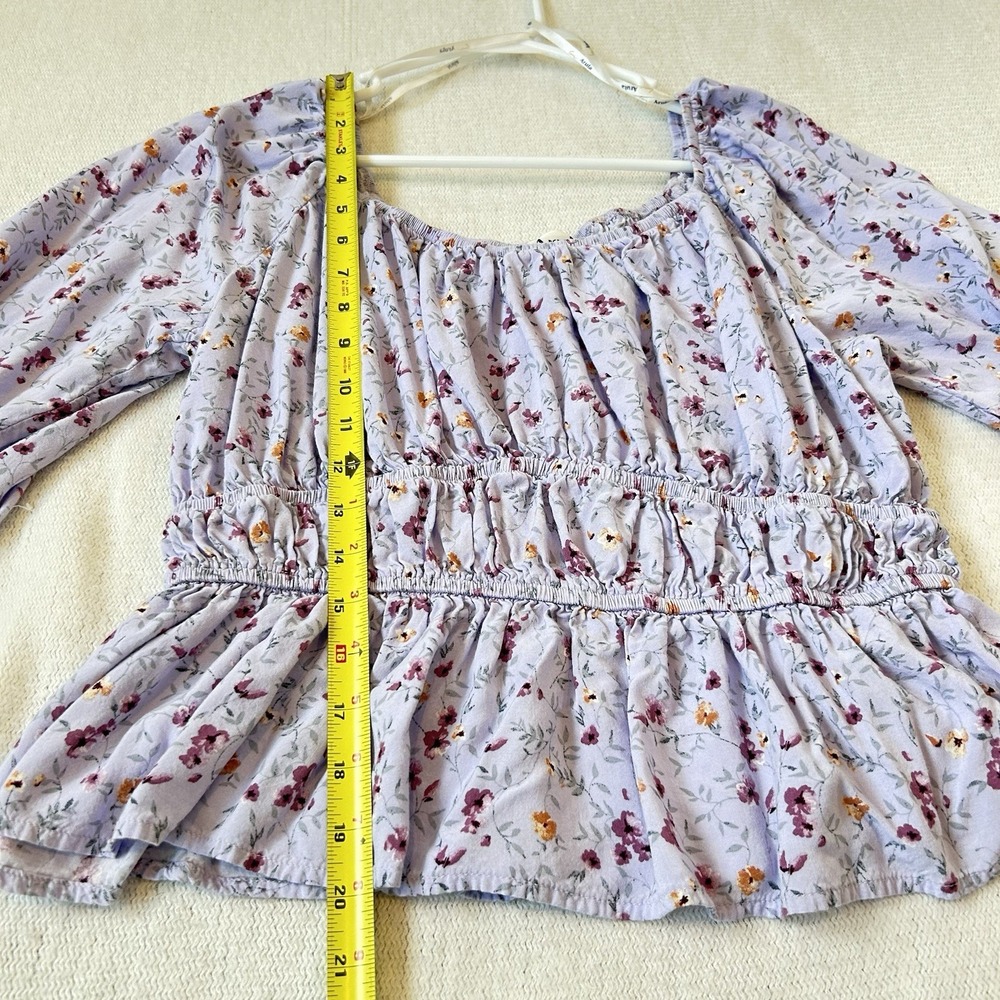 Arula Floral Purple Blouse Sz S Peasant Milkmaid Balloon Sleeve Cottagecore - Picture 7 of 10